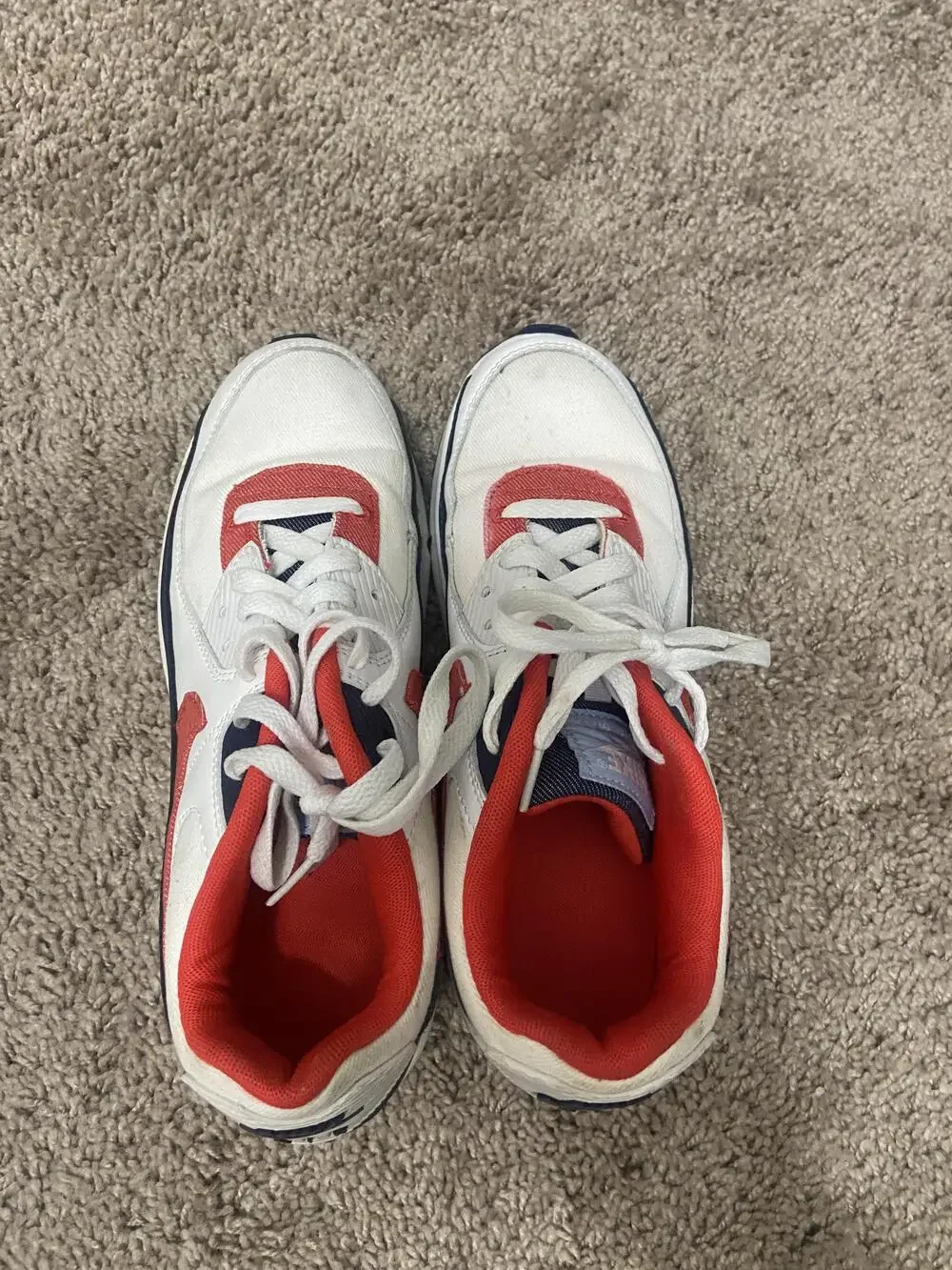 Nike Air Max 90 Shoes Youth Size 7Y White Red Navy Leather Running Sneakers